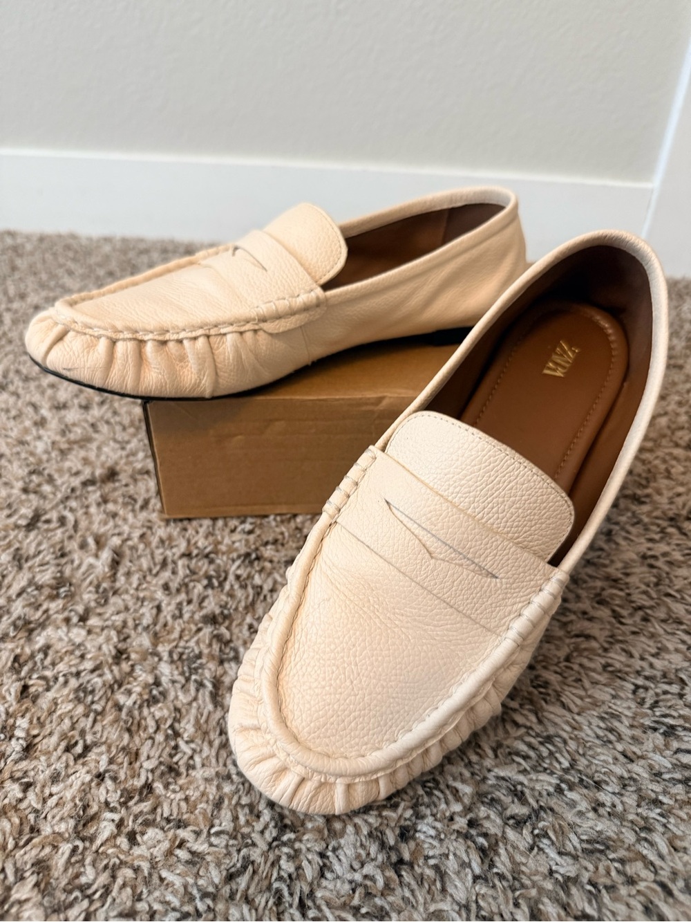 Zara Cream Leather Penny Loafers — Soft Pebbled Slip-Ons